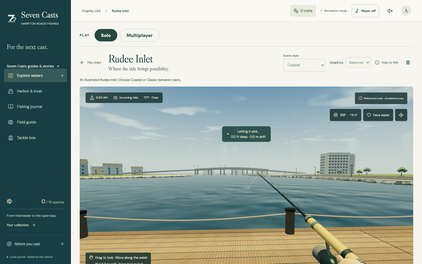 Actual Seven Casts: Hampton Roads gameplay, casting into the Rudee Inlet simulation