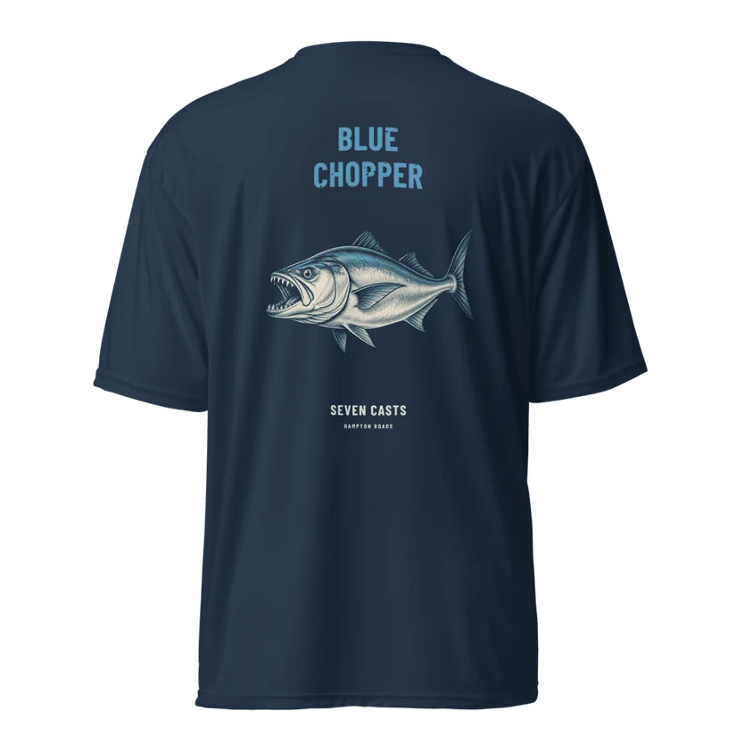 Seven Casts Blue Chopper Performance Shirt — Navy, back, Printful product mockup