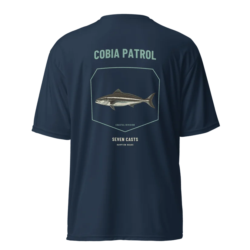 Seven Casts Cobia Patrol Performance Shirt — Navy, back, Printful product mockup