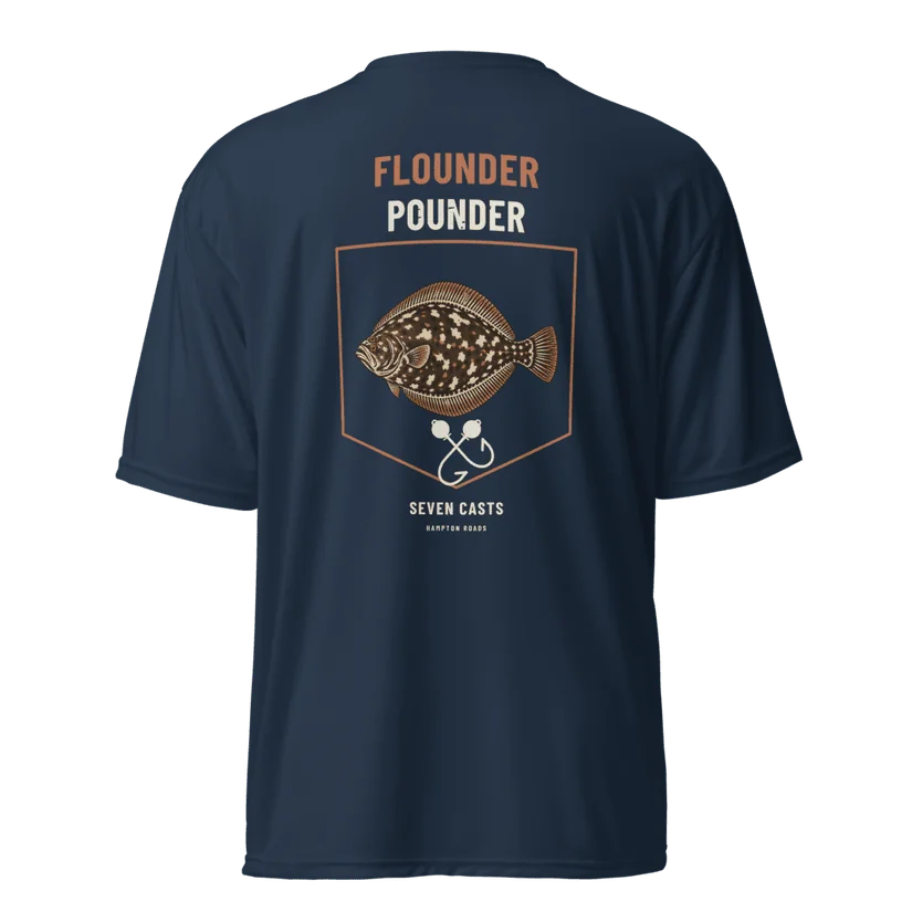 Flounder Pounder Performance Shirt in Navy — Printful product mockup