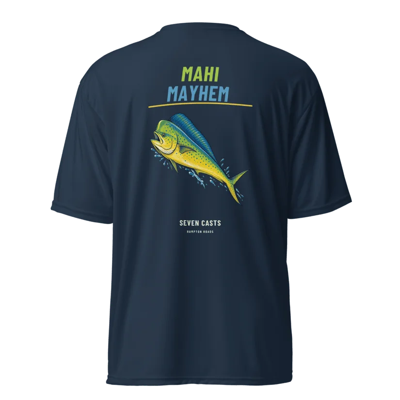 Seven Casts Mahi Mayhem Performance Shirt — Navy, back, Printful product mockup