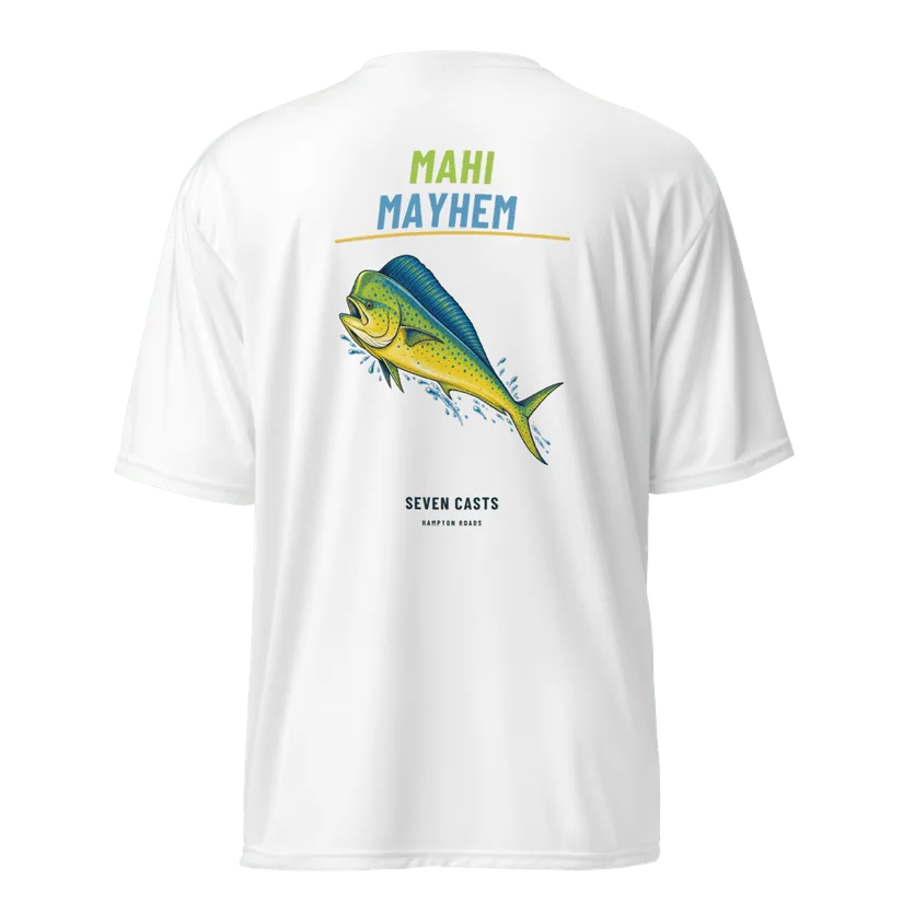 Mahi Mayhem Performance Shirt in White — Printful product mockup