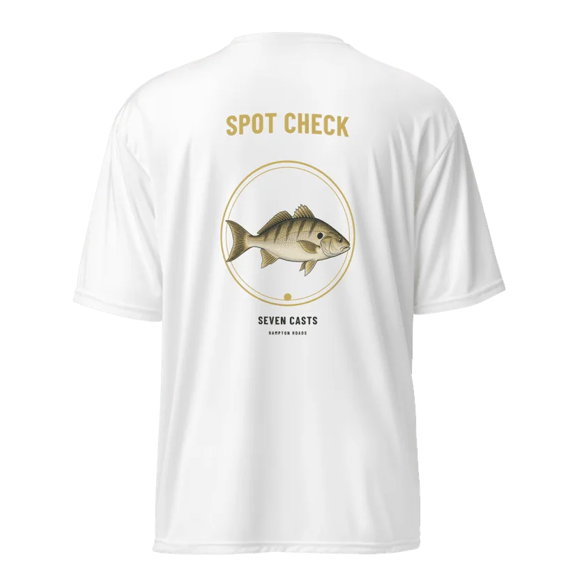 Spot Check Performance Shirt in White — Printful product mockup