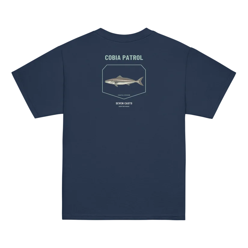 Seven Casts Cobia Patrol Youth Tee — Navy, back, Printful product mockup