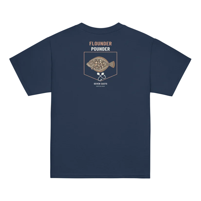 Seven Casts Flounder Pounder Youth Tee — Navy, back, Printful product mockup